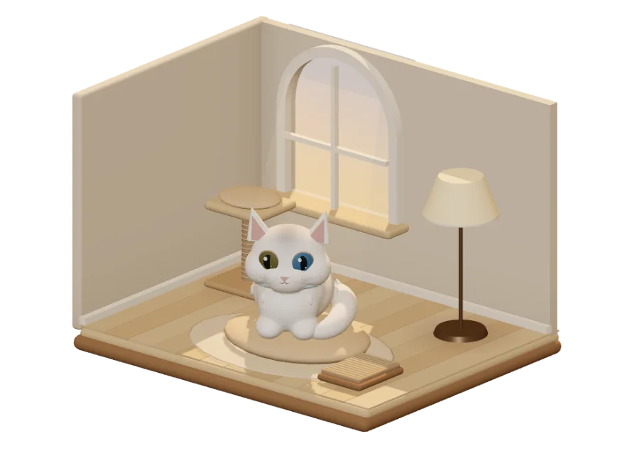 アーチ窓のある小さな部屋で、クッションに座る白い子猫すずの 3D イメージ