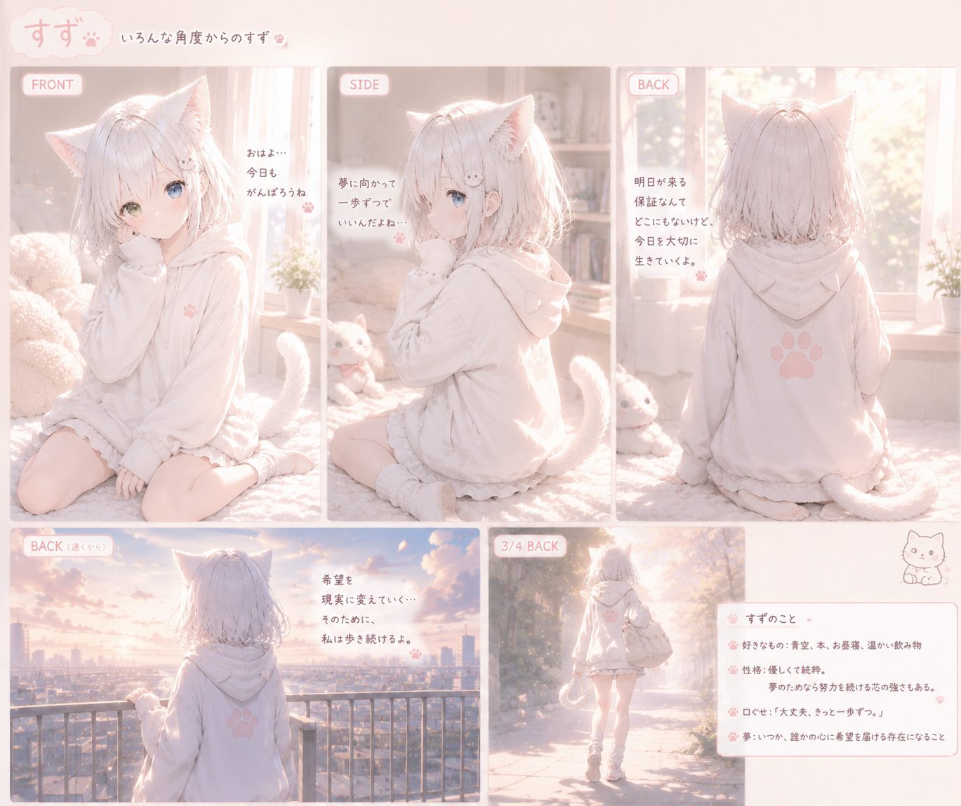 正面、横、後ろから見たすずのAI生成イメージキャラ設定画